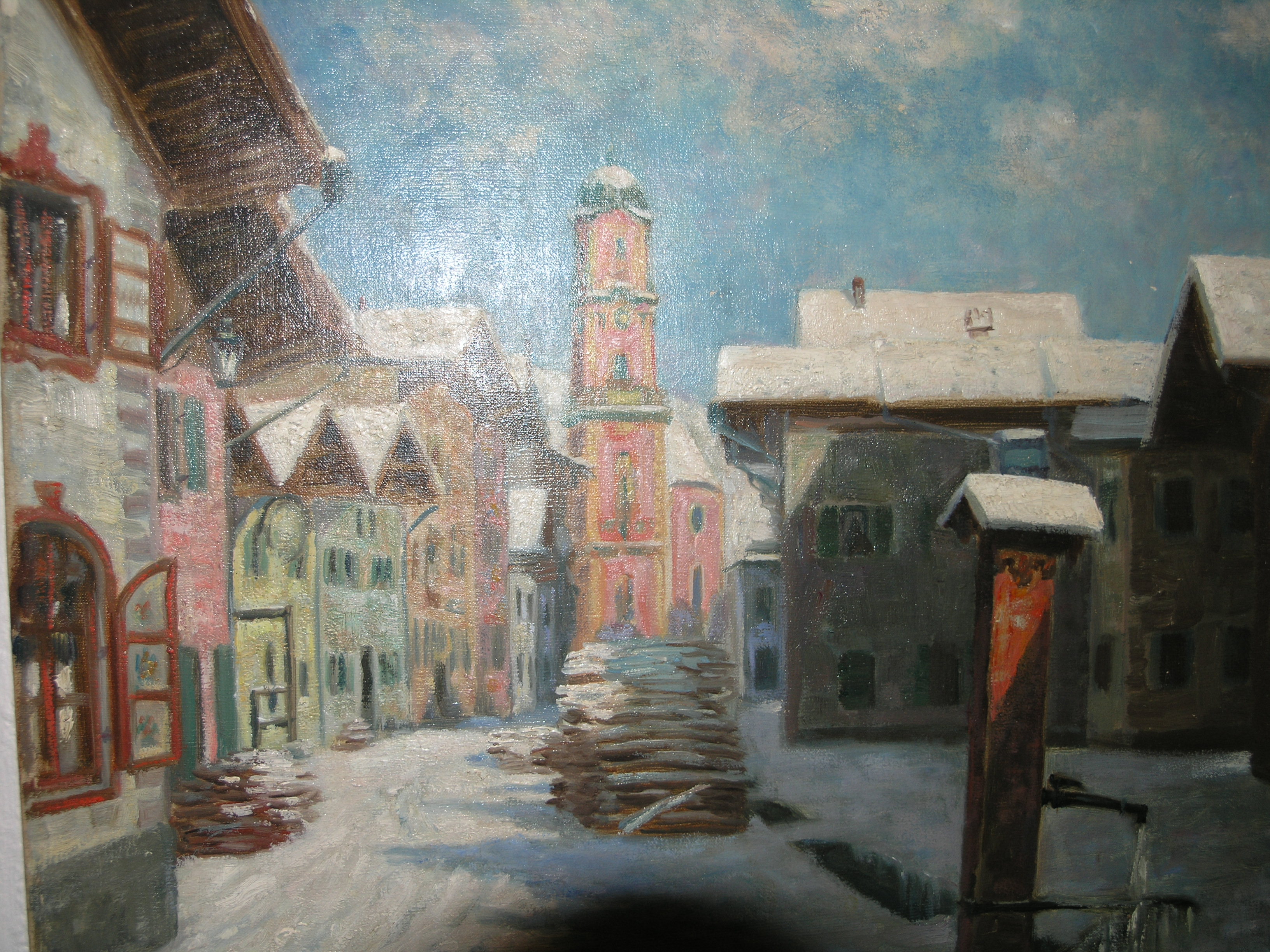 Mittenwald Brunnen Kirche im Schnee